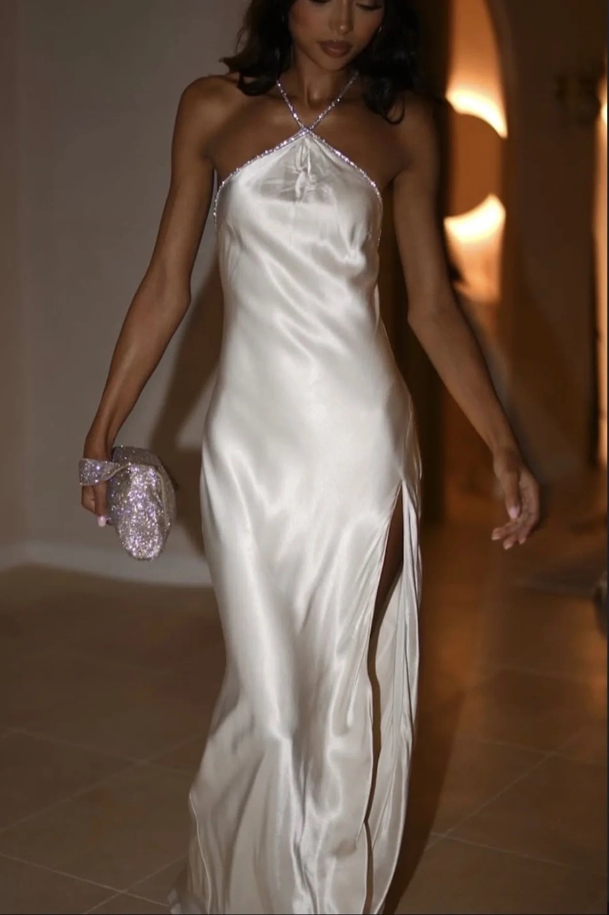 Trendy Sheath Halter Neck White Long Party Dress with Open Back