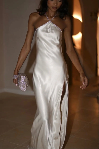 Trendy Sheath Halter Neck White Long Party Dress with Open Back