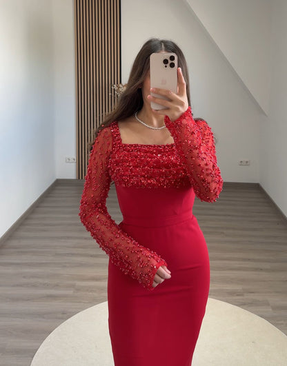 Elegant Long Sleeves Suit Collar Empire-Waist Evening Dress