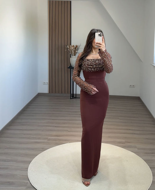 Dusty Sage Long Sleeves Scoop Slit Appliques Evening Dress