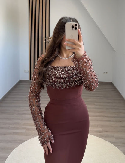 Dusty Sage Long Sleeves Scoop Slit Appliques Evening Dress