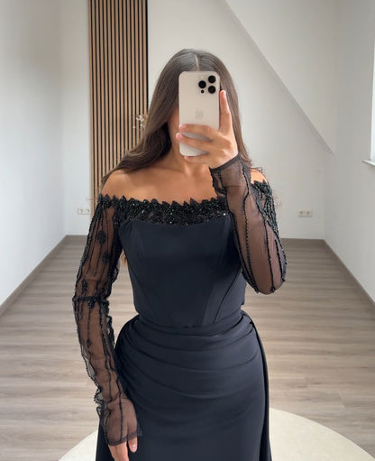 Long Sleeves Scoop Backless Evening Dress