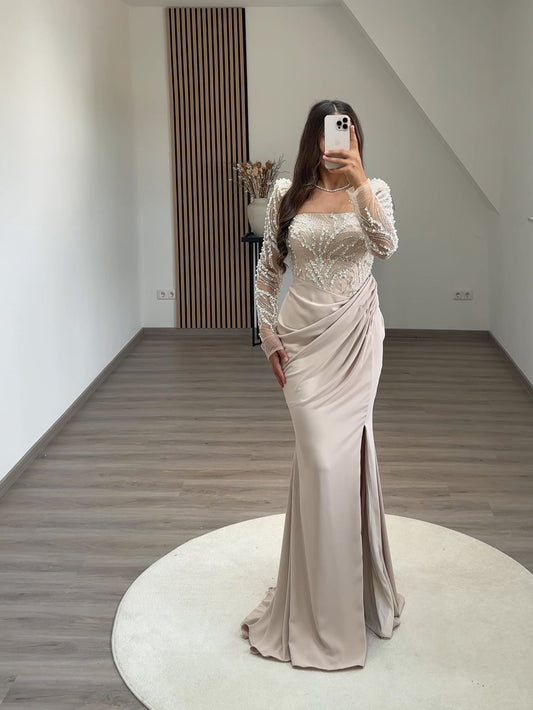 Long Sleeves One Shoulder Ruched Evening Dress