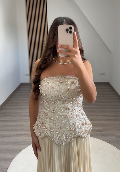 Off Shoulder V-Neck Beads Cap Sleeves High Split Pleats Evening Formal Dress