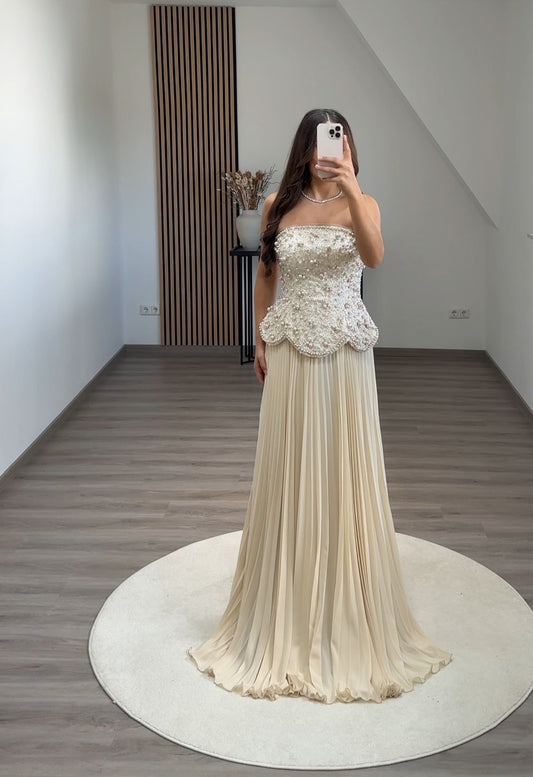 Off Shoulder V-Neck Beads Cap Sleeves High Split Pleats Evening Formal Dress