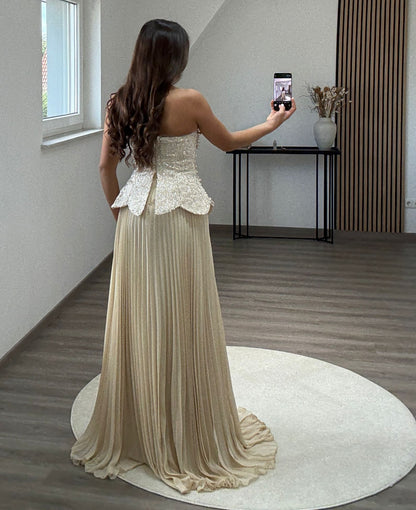 Off Shoulder V-Neck Beads Cap Sleeves High Split Pleats Evening Formal Dress