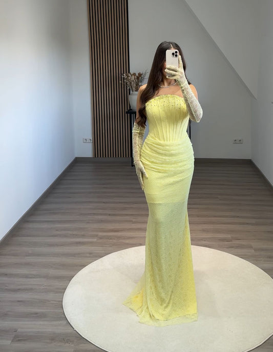 A-Line Strapless Cap Sleeves Appliques Empire-Waist Prom Evening Dress