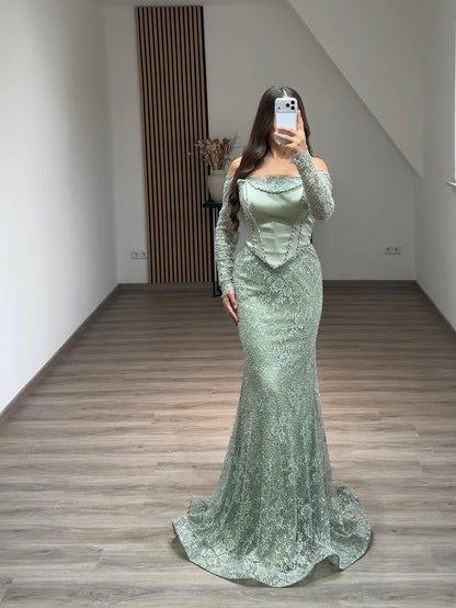 Elegant Long Sleeves Scoop Sequins A-Line Evening Dress