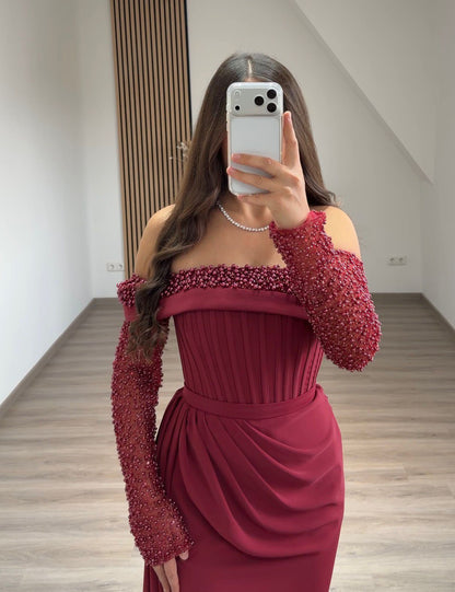 Satin Square Neck Long Sleeves Formal Dress with Sash