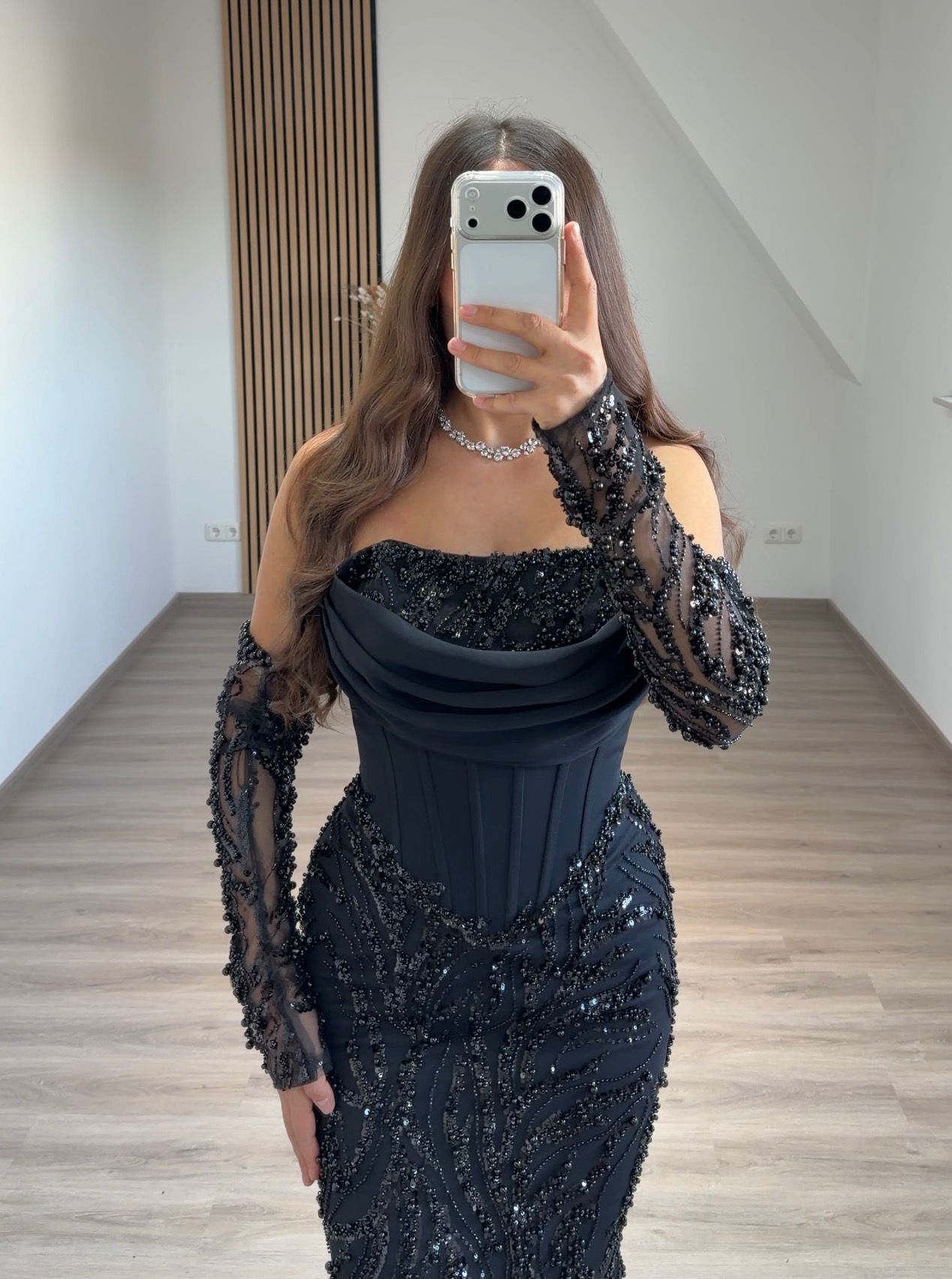 Elegant Long Sleeves Off-Shoulder Sequins Slit Ruched Evening Dress
