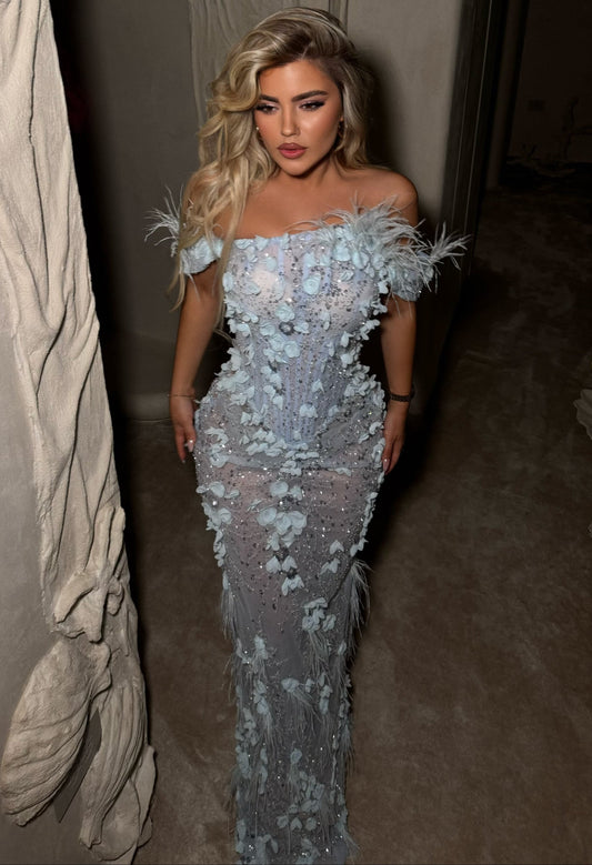 Blue Off Shoulder Floral Beads Feather Sheath Floor Length Prom Dress