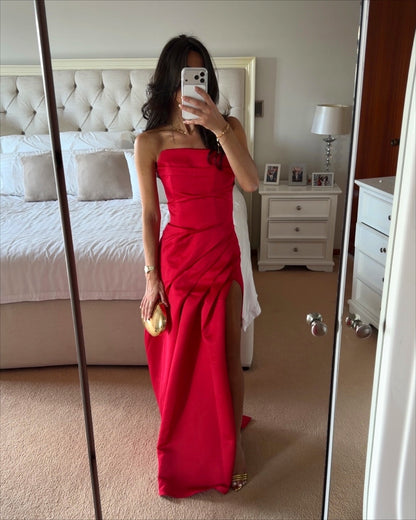 Sexy Strapless Maxi Dress – Floor-Length Red Satin Prom Gown