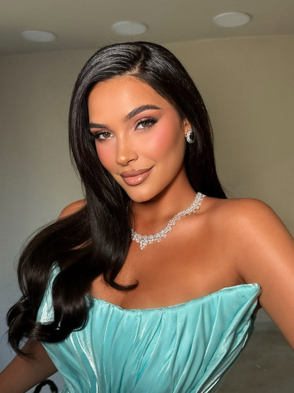 Blue Scoop Neck Sleeveless Ruched Mermaid Sweep Train Evening Dress Prom Gown