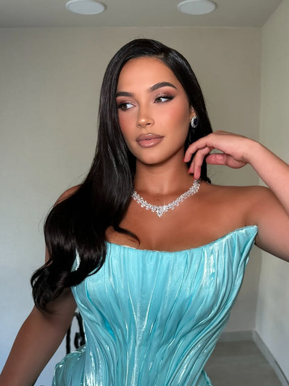 Blue Scoop Neck Sleeveless Ruched Mermaid Sweep Train Evening Dress Prom Gown