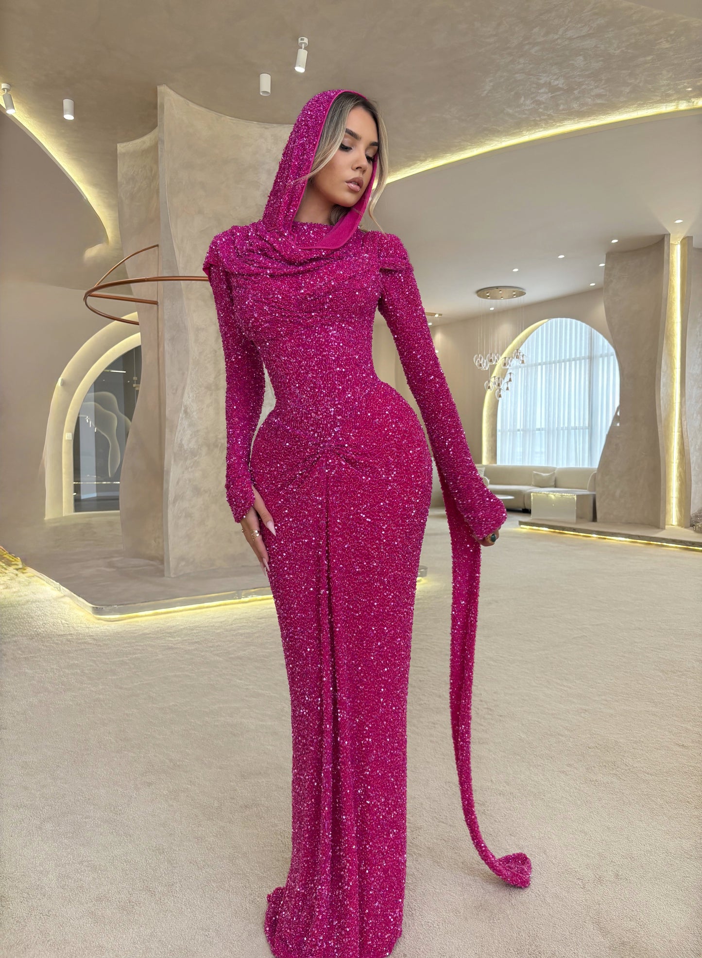 Sheath Long Sleeves Ruched Sequins Floor Length Formal Evening Dress