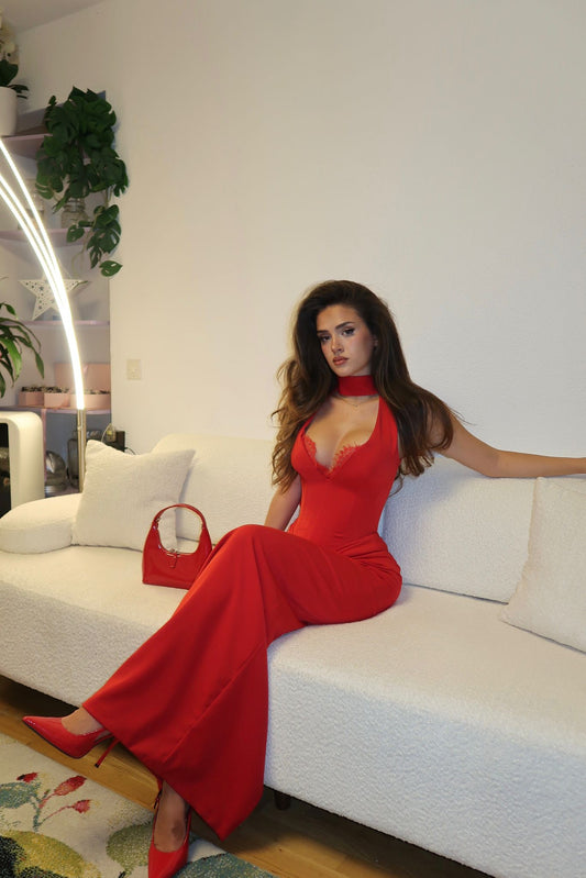 Red Halter Sheath Ankle Length Evening Dress Prom Gown