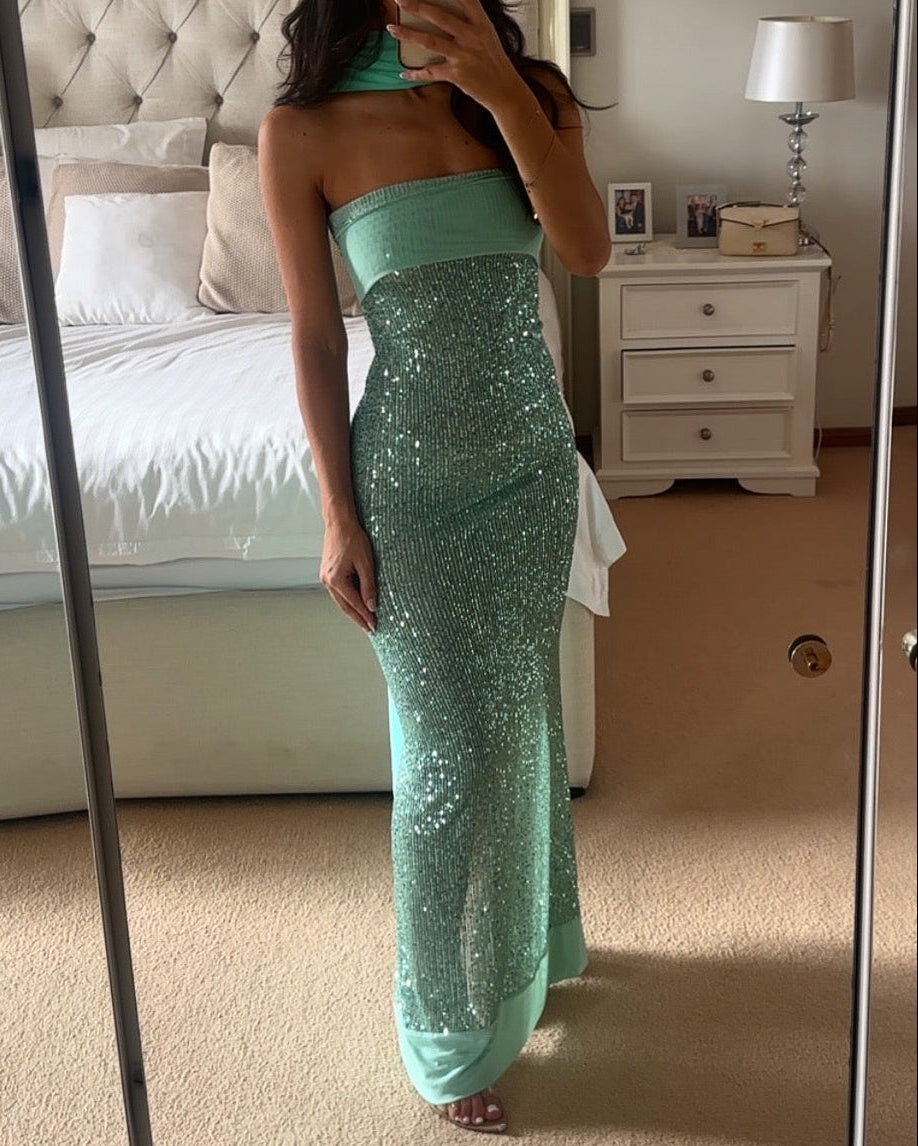 Mint Green Sequin Strapless Gown