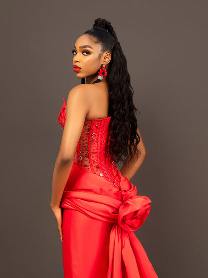 Red Sweetheart Sleeveless Corset Tulle Ruched Prom Dress