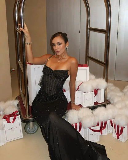 Black Crystal Sleeveless Corset Mermaid Maxi Dress