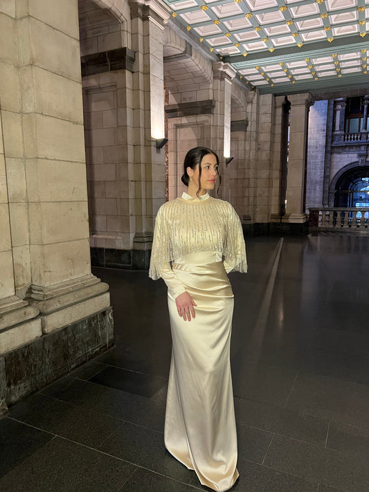 Beige High Neck Long Sleeves Ruched Beaded Shawl Evening Formal Dress