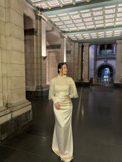 Beige High Neck Long Sleeves Ruched Beaded Shawl Evening Formal Dress