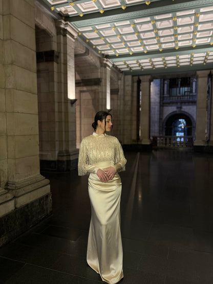 Beige High Neck Long Sleeves Ruched Beaded Shawl Evening Formal Dress