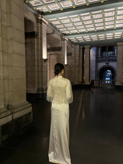 Beige High Neck Long Sleeves Ruched Beaded Shawl Evening Formal Dress