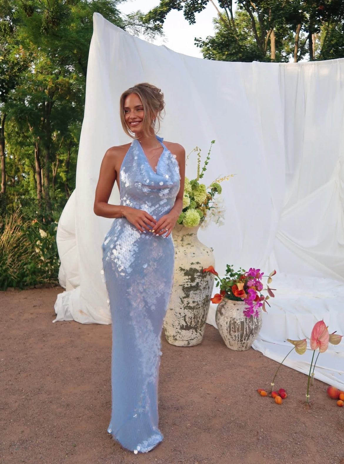Sequin Halter Sheath Backless Blue Prom Dress