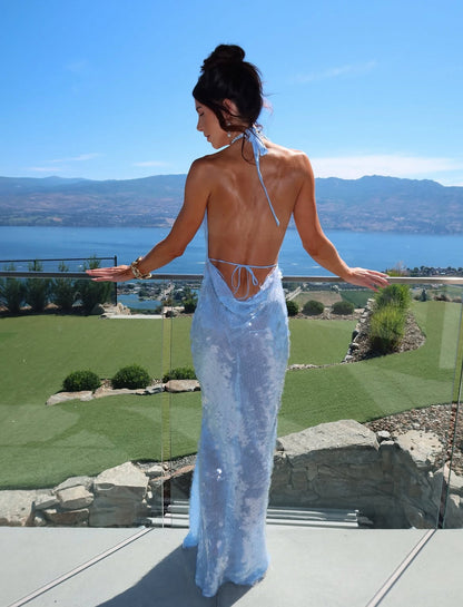 Sequin Halter Sheath Backless Blue Prom Dress