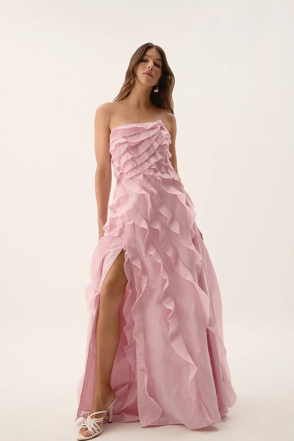 Light Yellow Tube Top Ruffles Column Prom Dress
