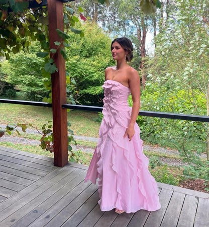 Light Yellow Tube Top Ruffles Column Prom Dress