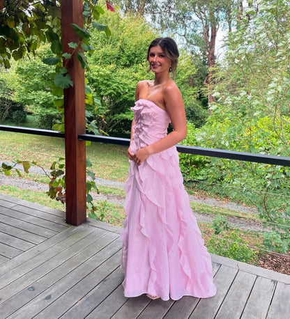 Light Yellow Tube Top Ruffles Column Prom Dress