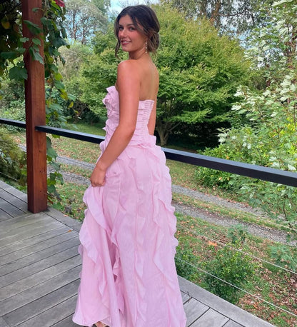 Light Yellow Tube Top Ruffles Column Prom Dress