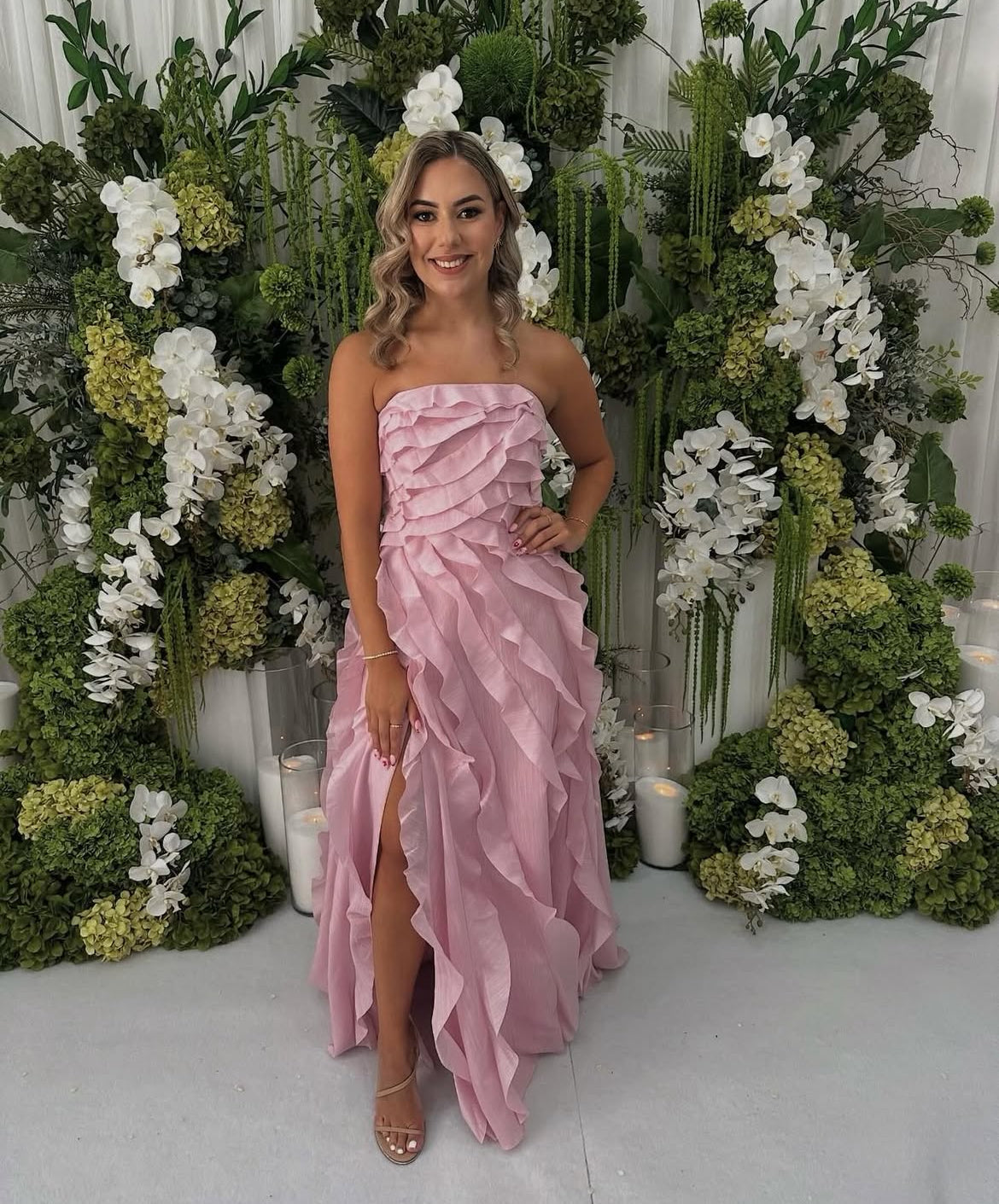 Light Yellow Tube Top Ruffles Column Prom Dress