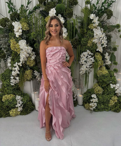Light Yellow Tube Top Ruffles Column Prom Dress