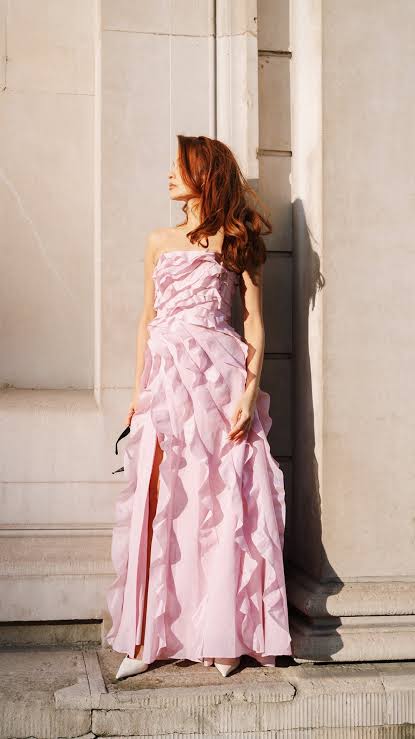 Light Yellow Tube Top Ruffles Column Prom Dress