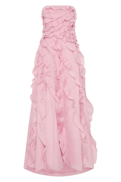 Light Yellow Tube Top Ruffles Column Prom Dress
