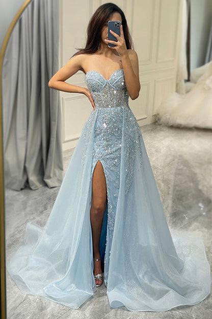 Light Blue Sequin Prom Dress Corset High Slit Sparkly Evening Gown