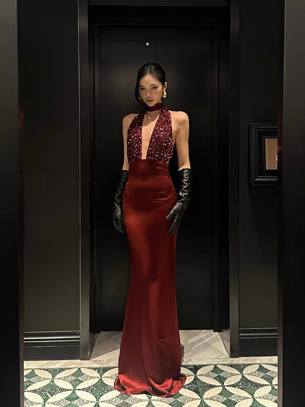 Elegant Backless Sequin Halter Gown