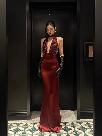 Elegant Backless Sequin Halter Gown