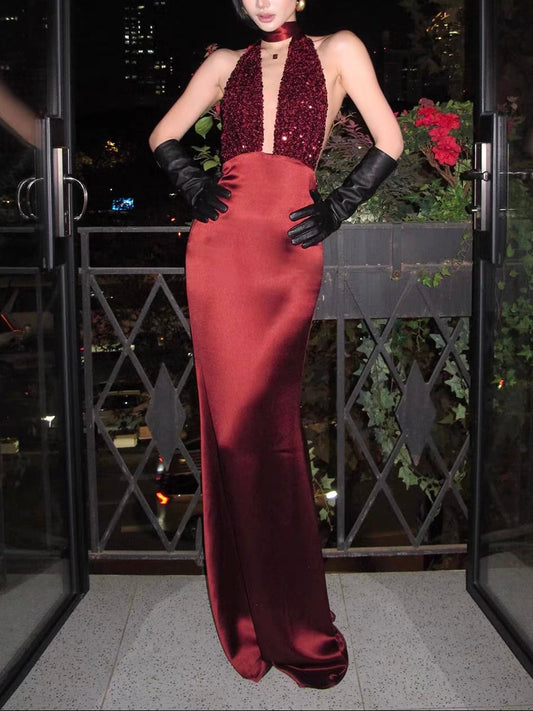 Elegant Backless Sequin Halter Gown