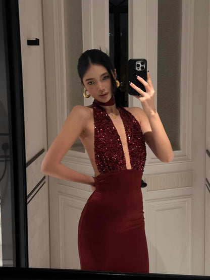 Elegant Backless Sequin Halter Gown