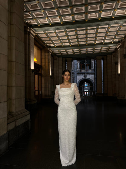 Ivory Suqare Neck Long Sleeves Beaded Floor Length Column Evening Dress