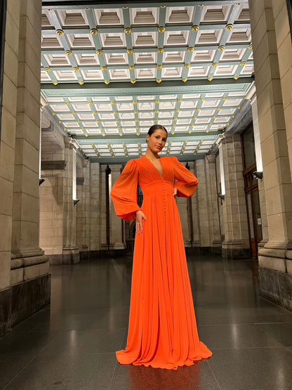 Orange A-Line V Neck Long Sleeves Floor Length Evening Formal Dress