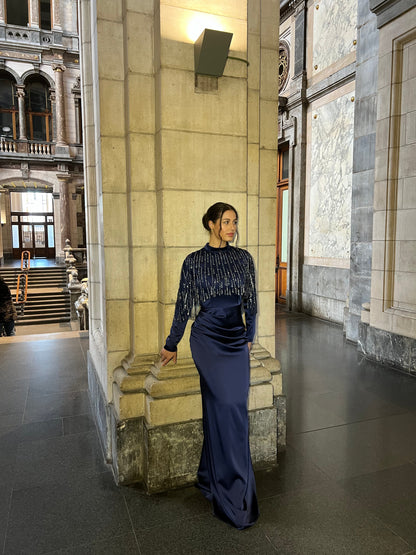 Navy Beaded Long Sleeves Ruched Sheath Back Zipper Evening Dress