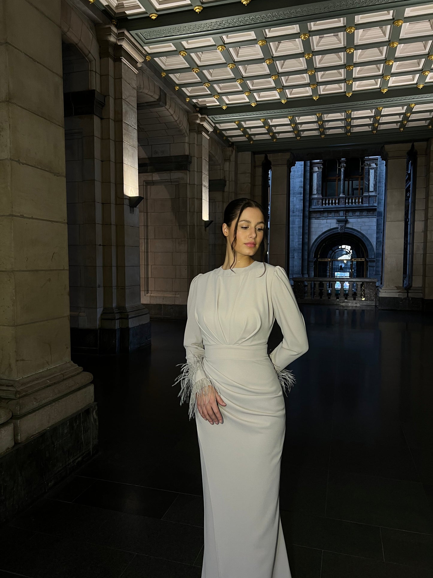 Ivory Bateau Neck Long Sleeves Feather Ruched Sheath Evening Dress