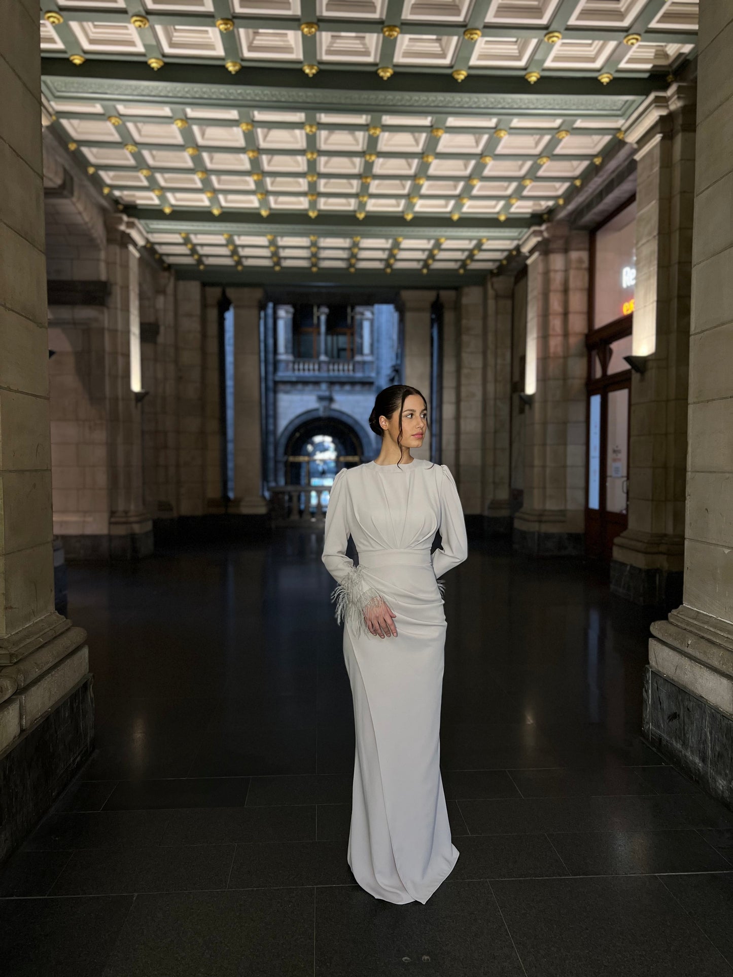 Ivory Bateau Neck Long Sleeves Feather Ruched Sheath Evening Dress