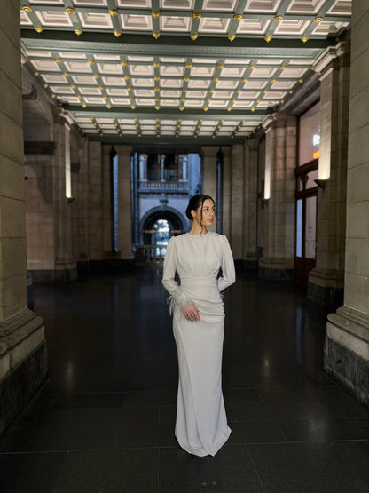 Ivory Bateau Neck Long Sleeves Feather Ruched Sheath Evening Dress