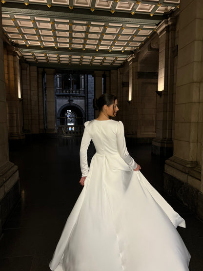 Ivory Bateau Neck Long Sleeves Beaded Ruched Sheath Formal Dress