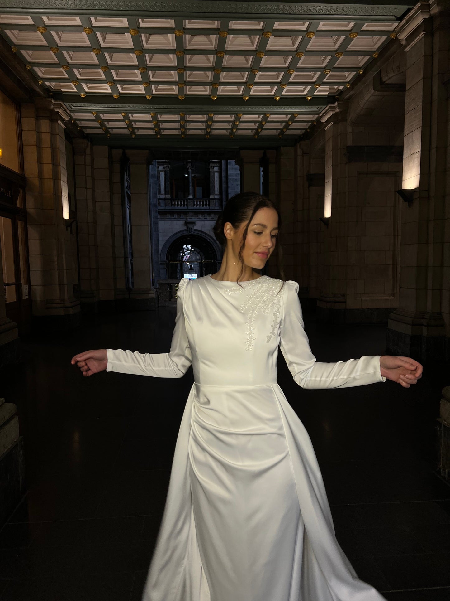 Ivory Bateau Neck Long Sleeves Beaded Ruched Sheath Formal Dress